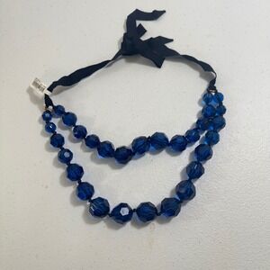 J.Crew Navy Blue Faceted Glass Bead 2 Strand Necklace Black Ribbon Tie OLDSTOCK